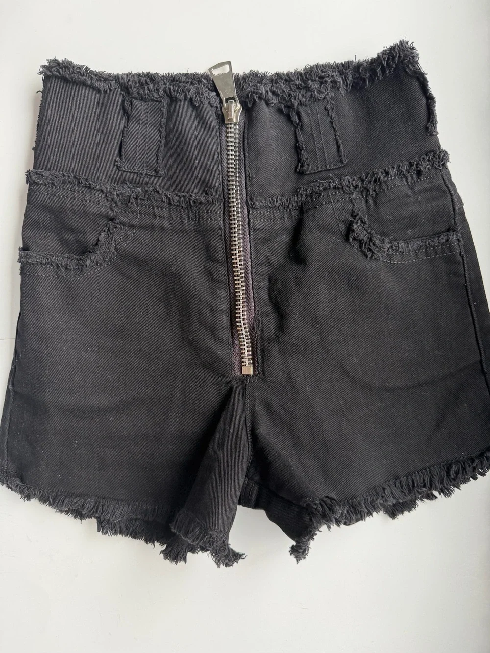 Black High Waisted Denim Shorts with Front Zipper & Frayed Hem